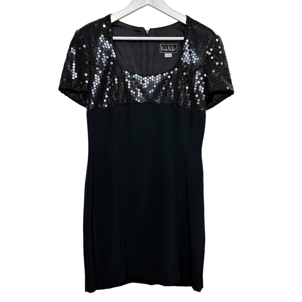Vintage 90s Nicole Miller Sequin Black Dress Cocktail Union Mini Empire USA 10